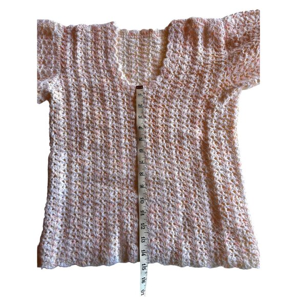 Vtg Hand Crocheted Top Women’s Puff Sleeves white Yellow Peach Glitter Yarn - Picture 6 of 9